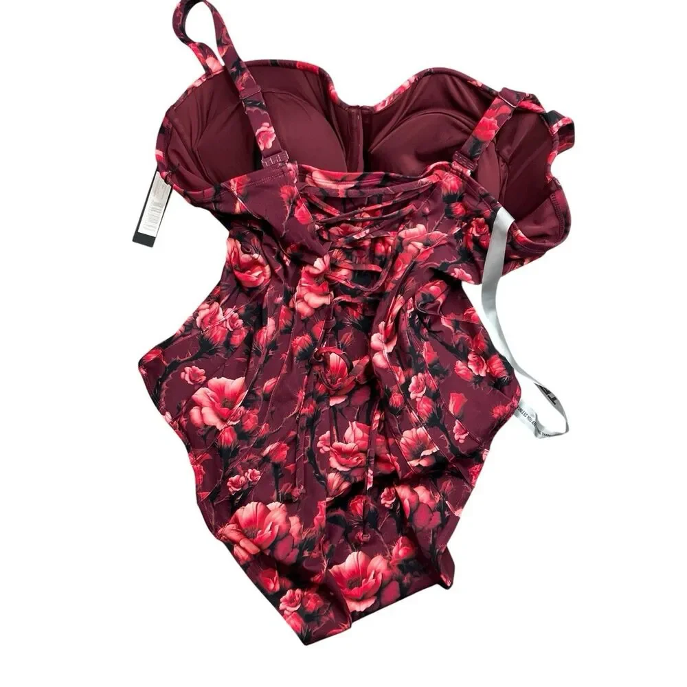 TA3 Lushy Swimsuit F/G Cup 3X Long Womens Tall Red One‎ Piece Floral Corset Lace